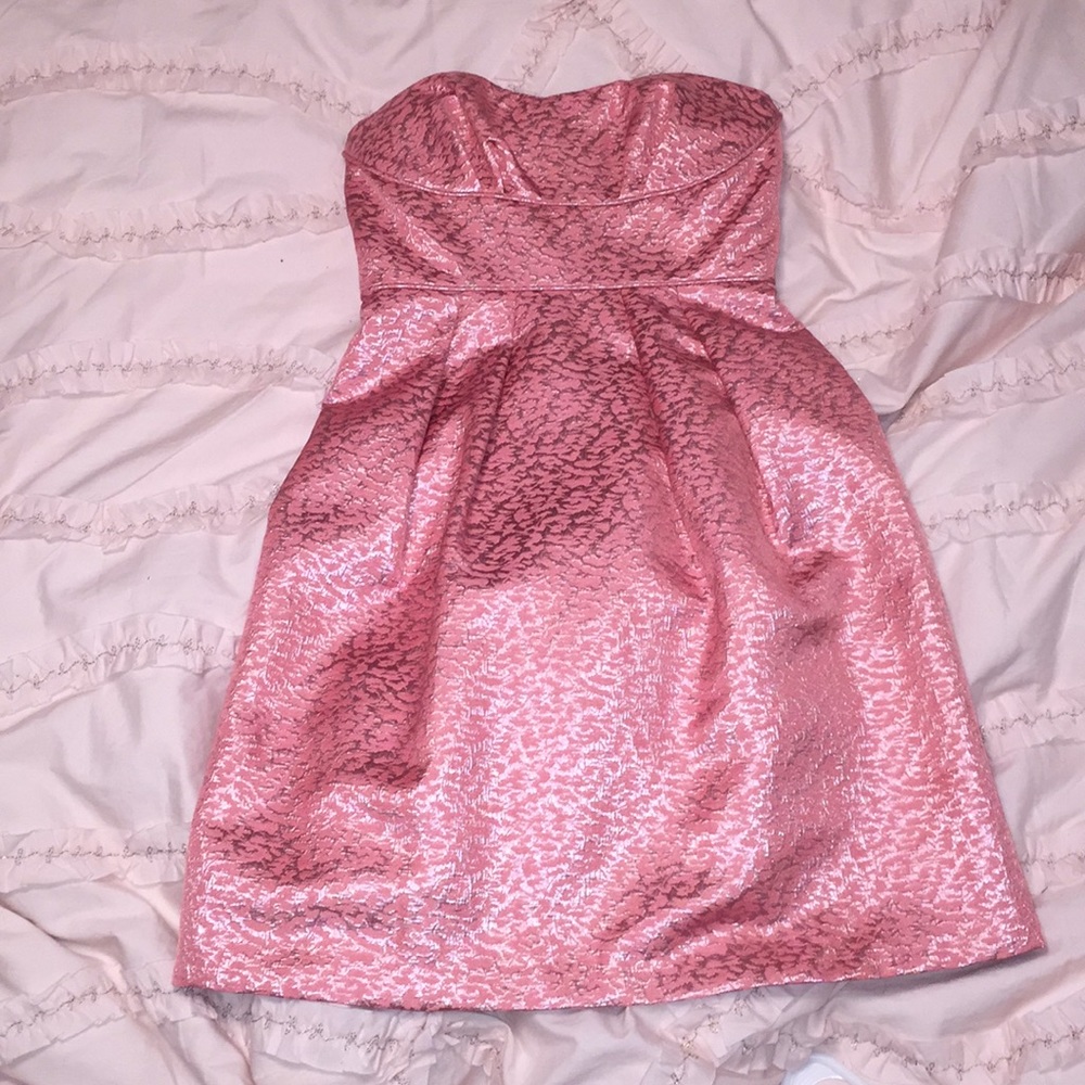 BCBG pink and silver strapless cocktail dress